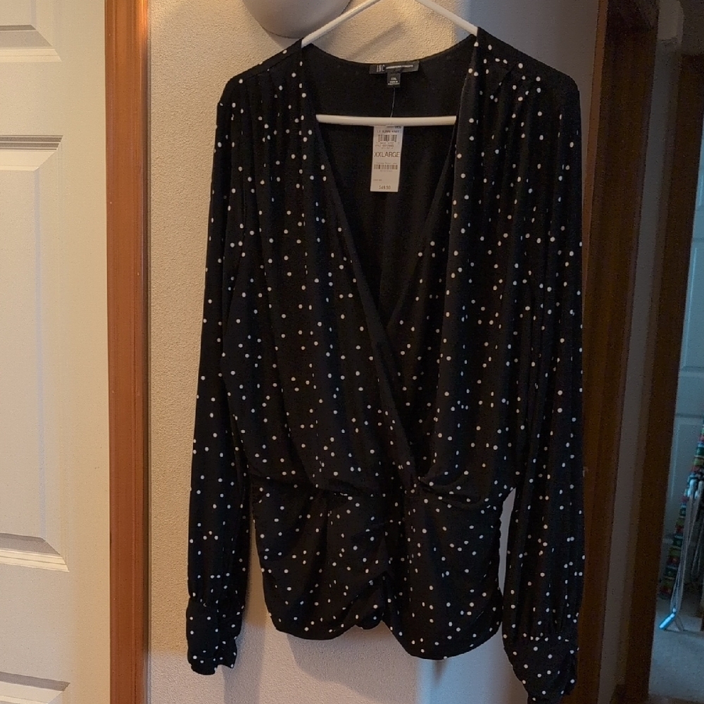 INC International Concepts Black Blouse with White Dots